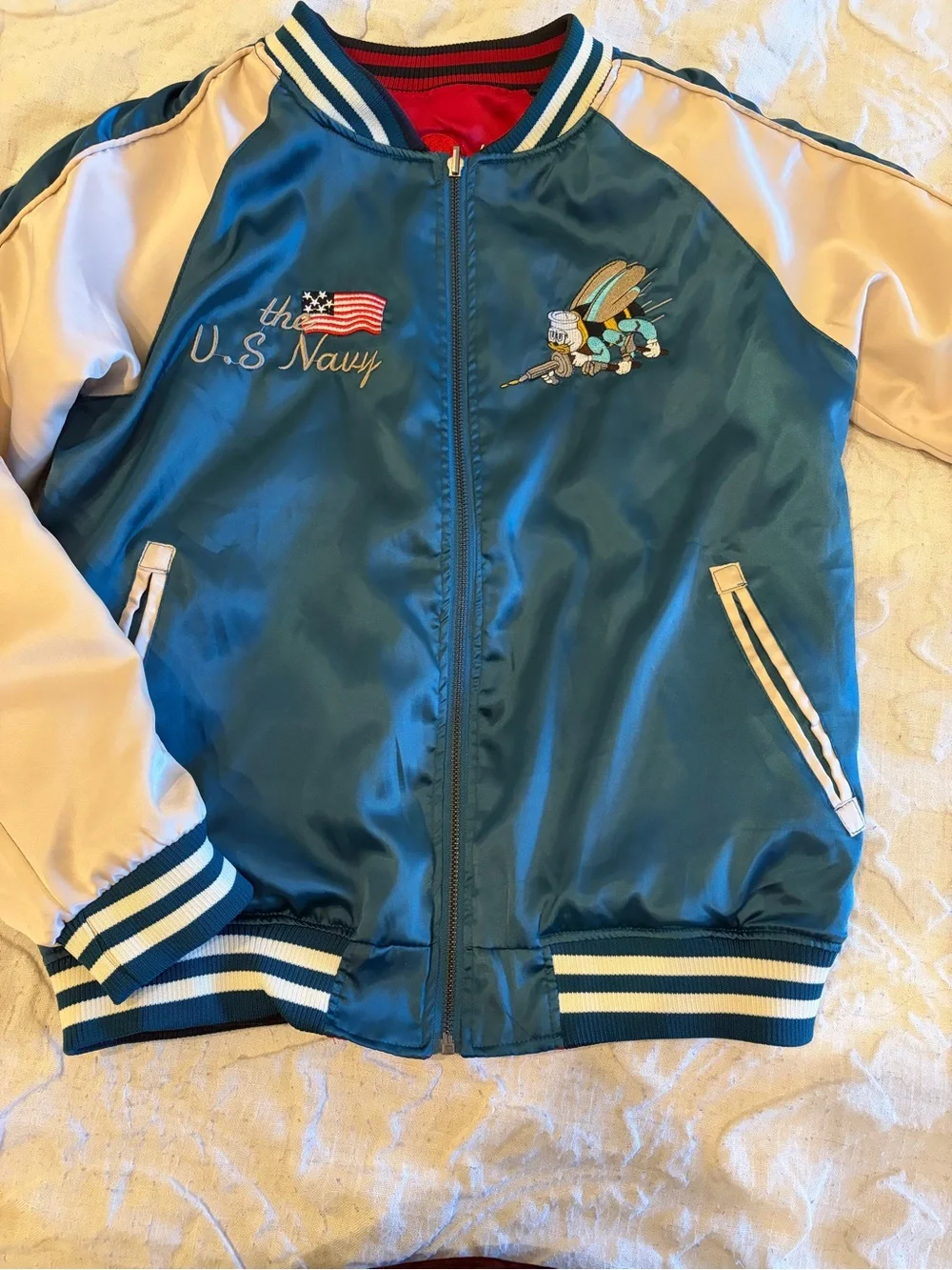 Unisex Reversible Sukajan / Satin Bomber Jacket.- Teal and Cream /Red and Navy